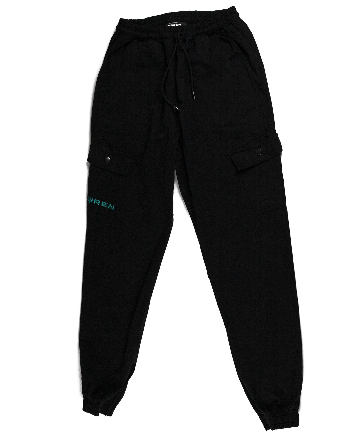 Black Cargo Pants with two side pockets and embroidery on the right pocket