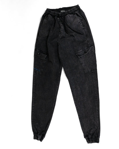 Washed Gray Cargo Pants with two side pockets and embroidery on the right pocket